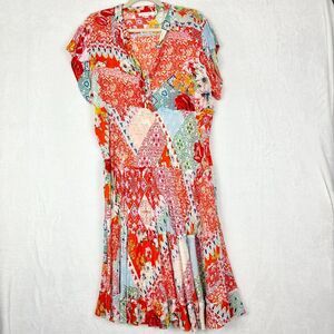 Karyn Seo Patchwork Tiered Midi Dress Size XL Boho V-Neck Floral Ruffle Flowy